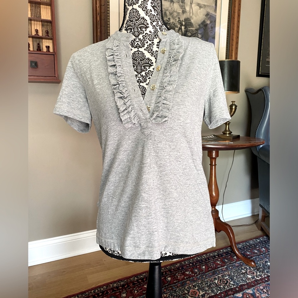 Tory Burch Light Gray Ruffled V-Neck Short Sleeve Top